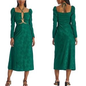 WAYF Emerald Green Ruched Cutout Long Sleeve Midi‎ Dress XS